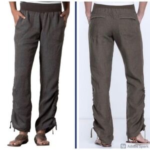 Toad&Co Womens XL Linen Pants Charcoal Brown Pull On Ruched Hem Straight Leg